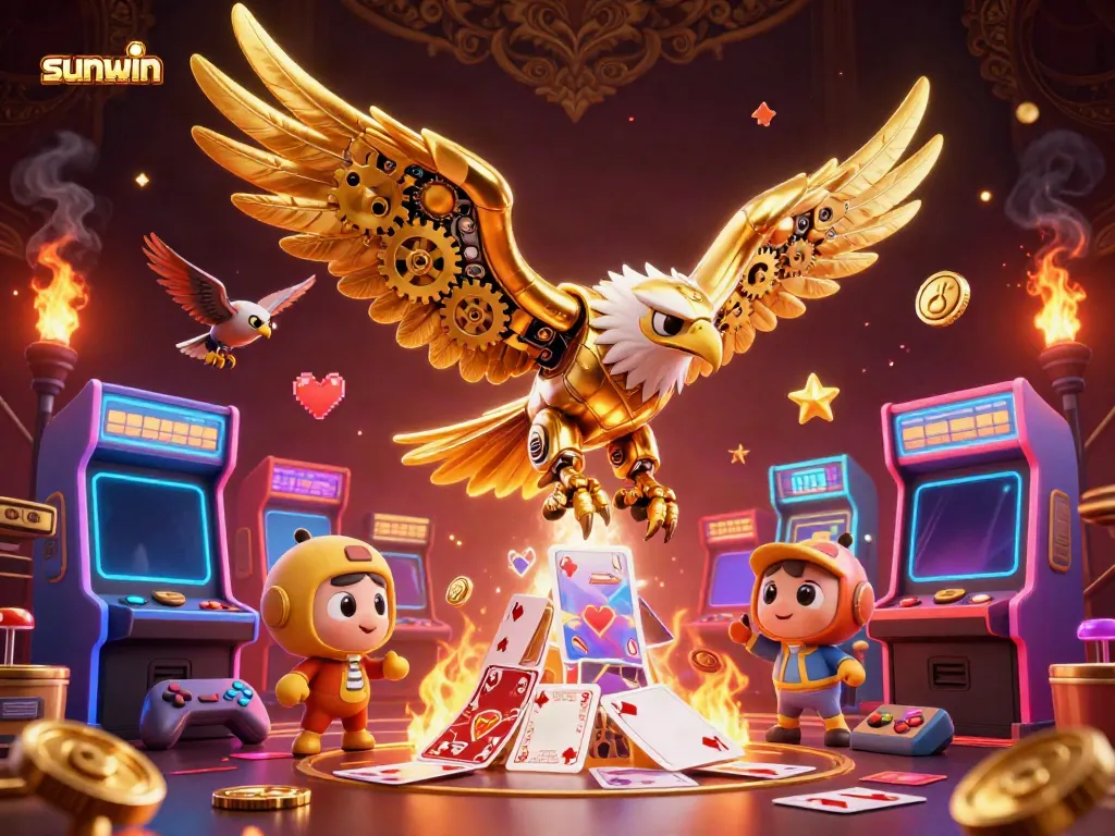 Engage in thrilling gaming at sunwin with a dynamic scene showcasing a cybernetic golden eagle and arcade machines.