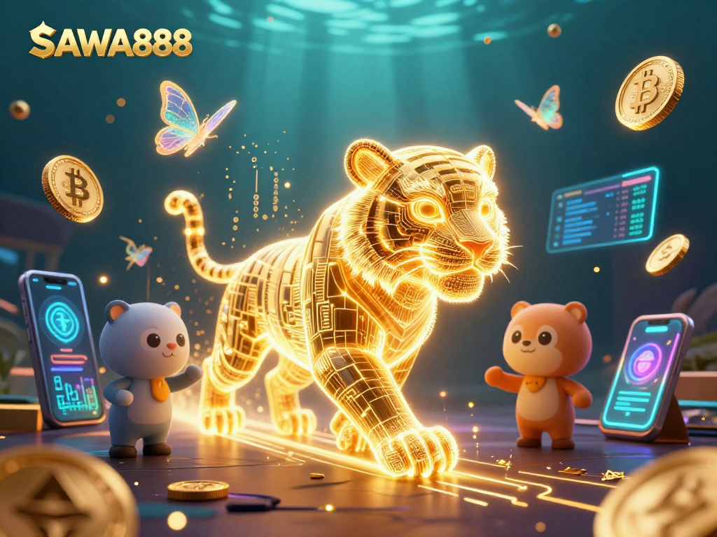 Experience the excitement of SAWA888, where a unique golden tiger and holographic butterflies illuminate a vibrant digital casino landscape.