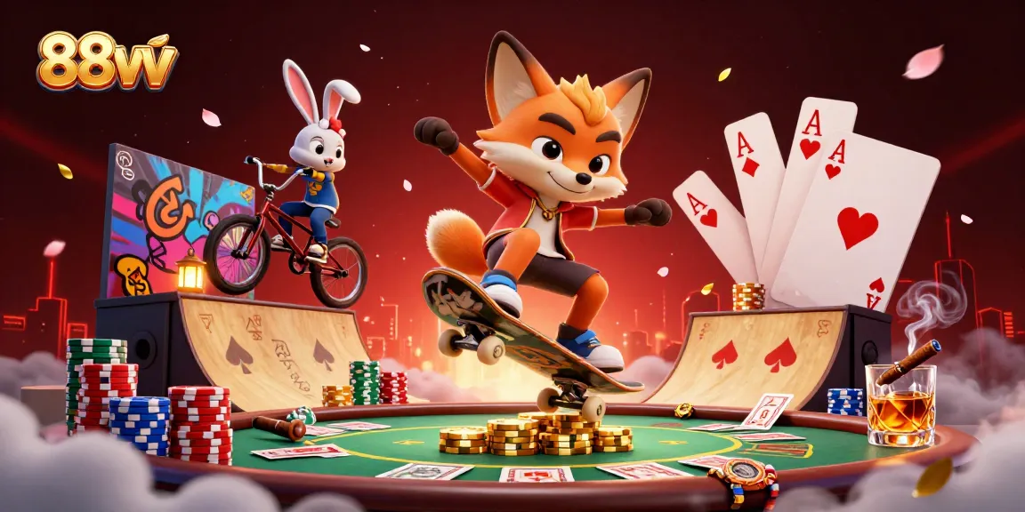Engage in thrilling casino games at 88vv with vibrant characters and dynamic poker elements in action.