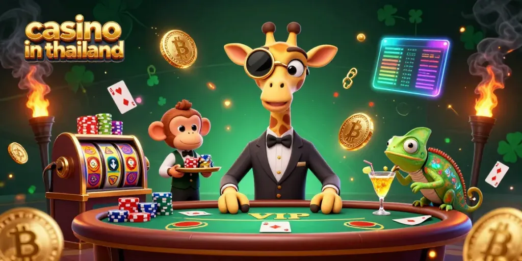 Experience the vibrant scene of a casino in Thailand featuring a high-roller giraffe and lively characters.