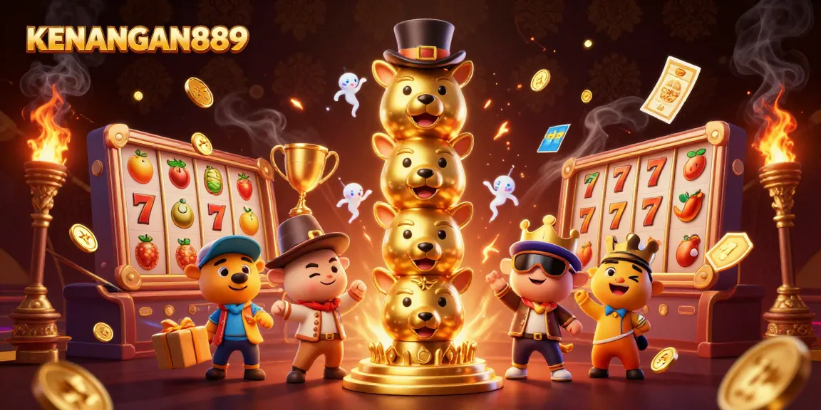 Experience the excitement of KENANGAN889 with vibrant slot elements and a dynamic golden totem scene