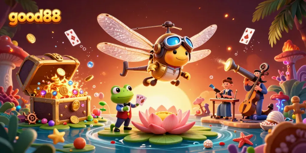 Experience the thrill of good88 as the dragonfly pilot hovers over a vibrant casino scene.