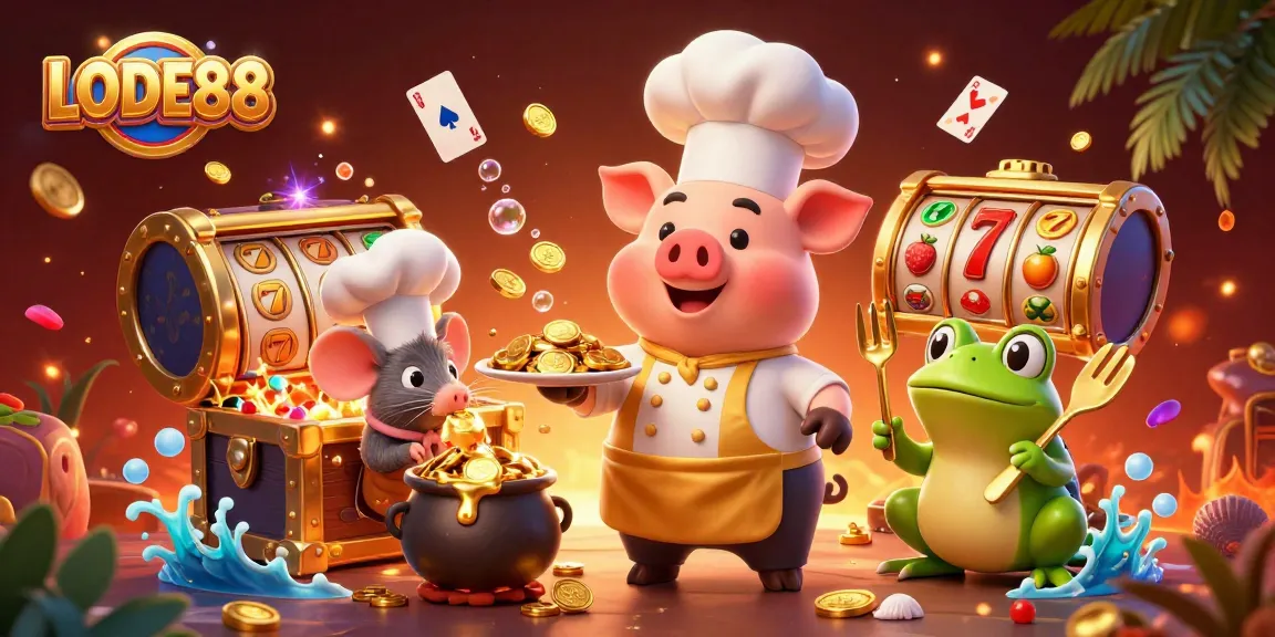 Engage in winning strategies with LODE88: A vibrant casino scene featuring whimsical characters and golden treasures.