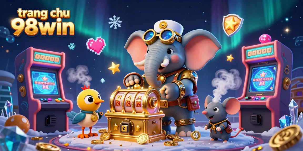 Experience the excitement of trang chu 98win with a lively steampunk scene featuring slot machines and dynamic game elements.