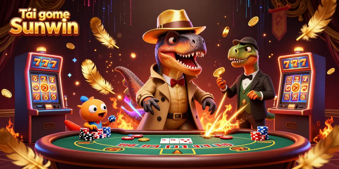 Tải game Sunwin with a clever velociraptor card counter at a blackjack table in a vibrant 3D casino scene.