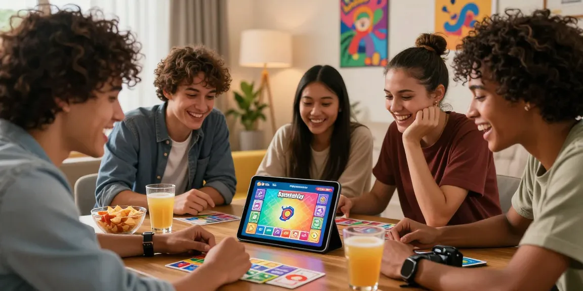 Friends enjoying Card Rummy app on a tablet, excitedly playing games for real cash rewards in a cozy living room setting, showcasing the engaging and social aspect of mobile gaming.
