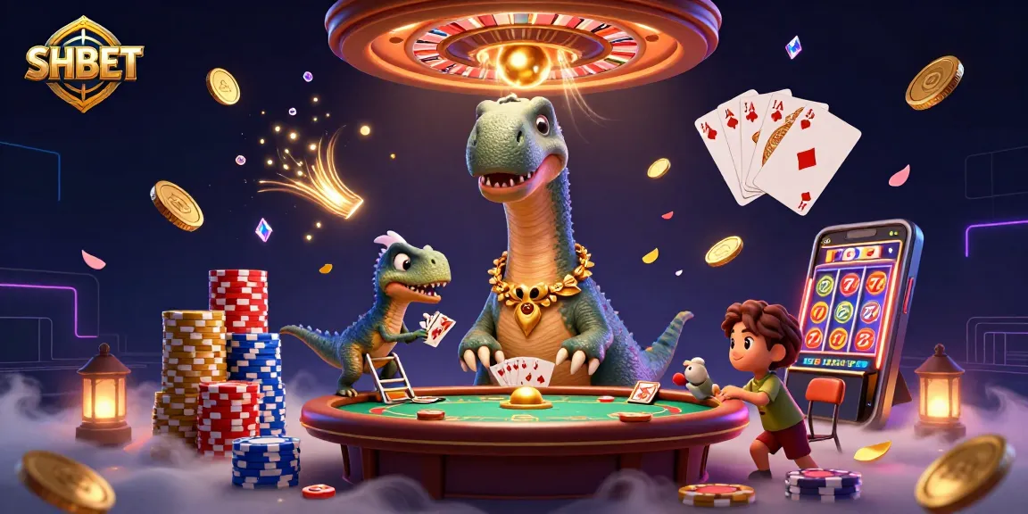Experience exciting SHBET action with a giant brontosaurus enjoying a dynamic casino atmosphere.
