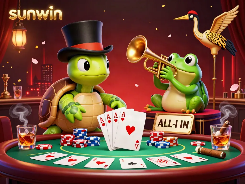 Engage with sunwin's vibrant casino scene featuring colorful poker elements and lively characters.