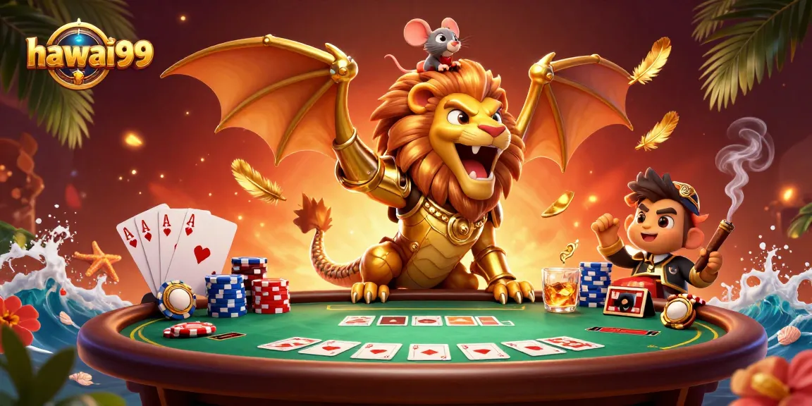 Experience hawai99 as a triumphant chimera celebrates by a vibrant poker table with engaging elements.