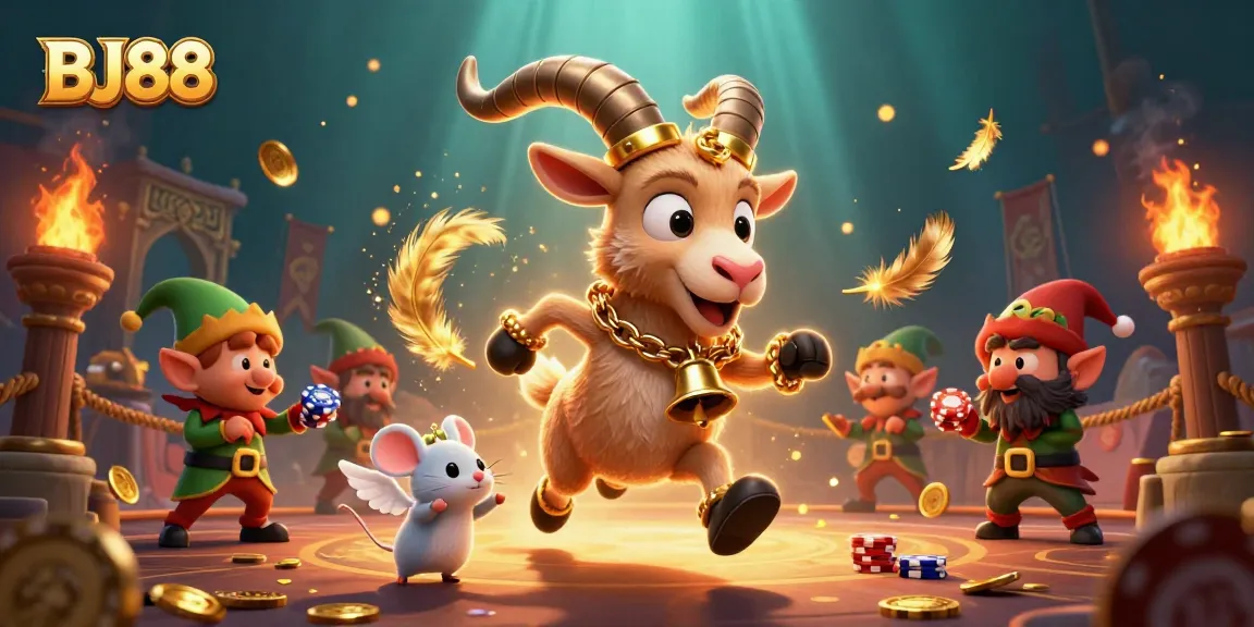 BJ88 casino scene featuring Krampus, angel mouse, and gremlins in a vibrant, action-filled illustration.