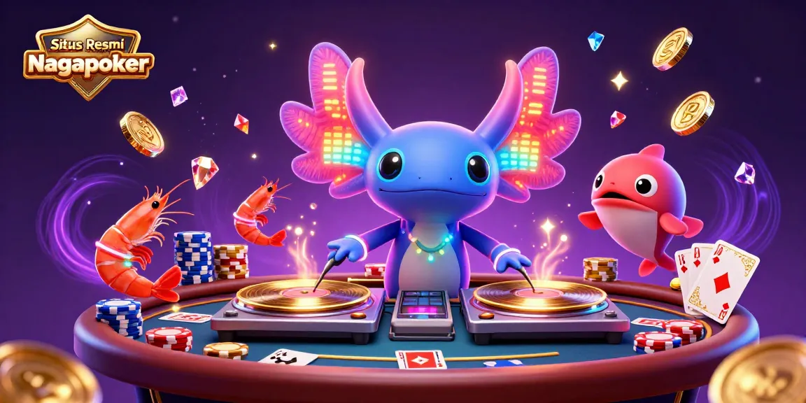 Situs Resmi Poker Online Nagapoker showcases a lively poker scene with a neon-colored axolotl DJ, shrimp dancers, and dazzling casino elements.