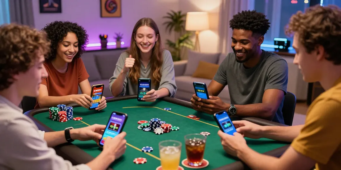 Friends enjoying gaming at home with credit card casinos apps, vibrant atmosphere.
