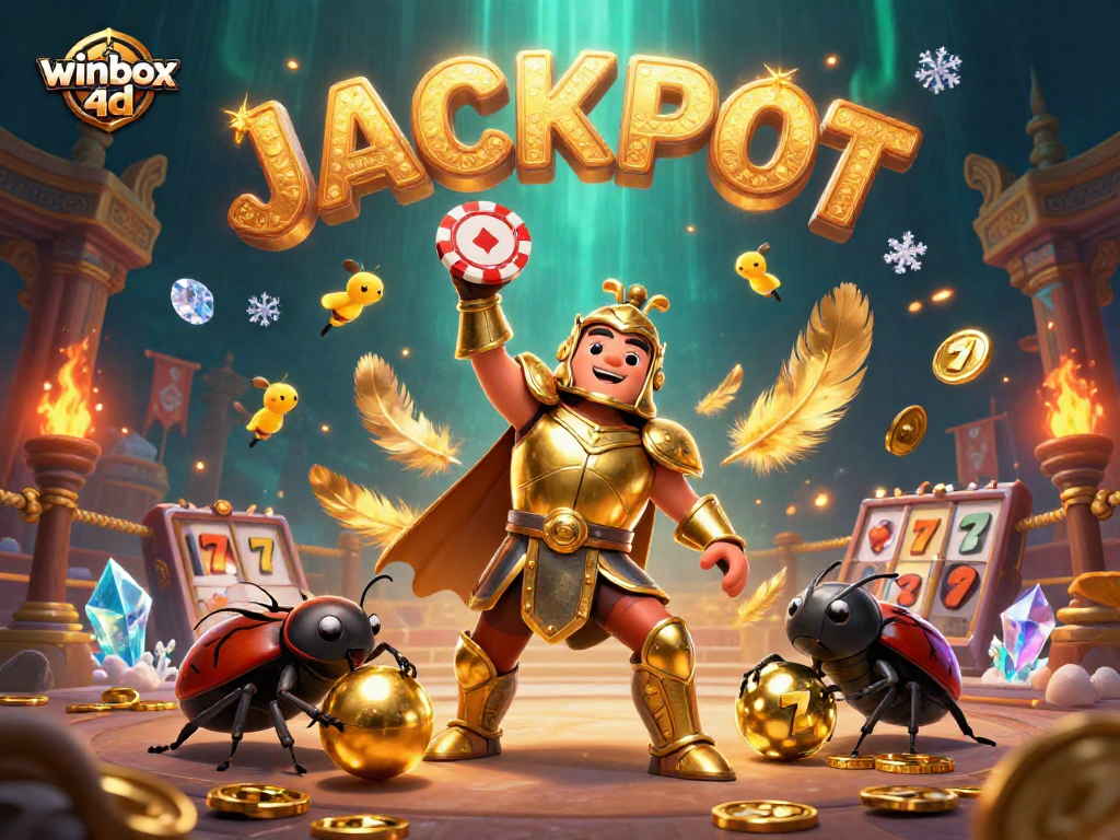 Winbox 4D edition features a gladiator beetle and dynamic slot symbols in an engaging casino scene.
