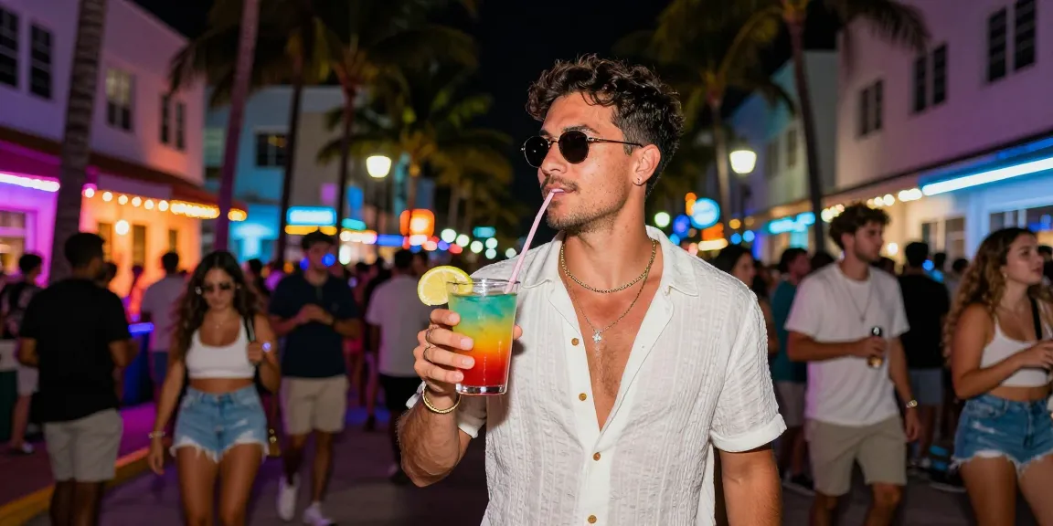 https://miami4d.com/ orang menikmati kehidupan malam Miami dengan koktail di tangan dan latar belakang pohon palem.