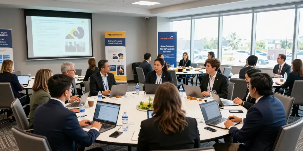 Engaged professionals at a conference showcasing effective conference video production Orange County, California.