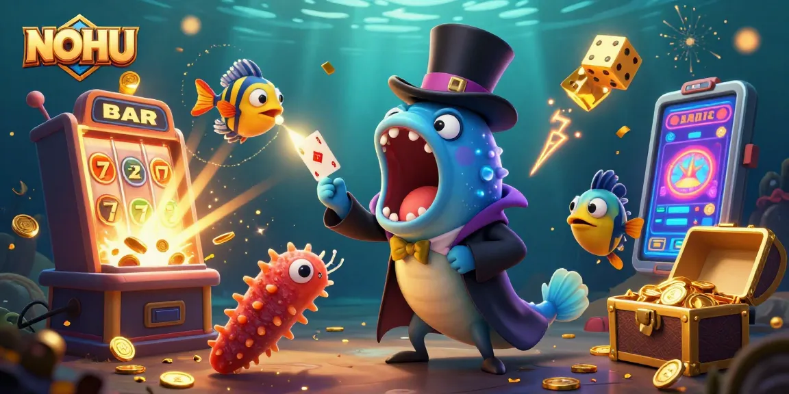 NOHU casino illustration featuring a deep-sea eel magician performing tricks amidst vibrant slot machine action.