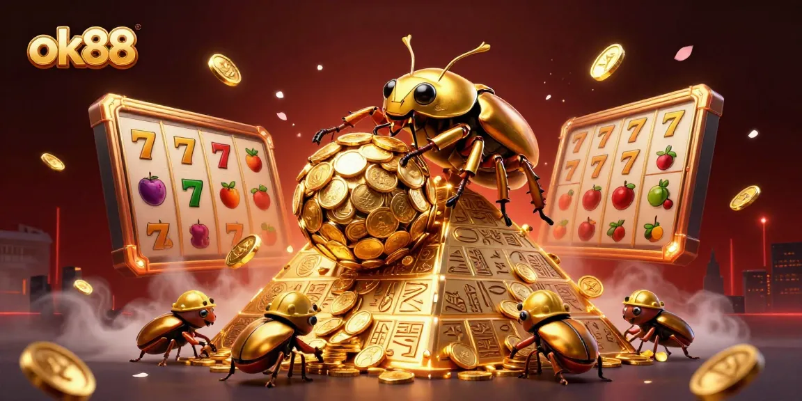 Engage with the captivating ok88 illustration showcasing a golden dung beetle and slot game excitement.