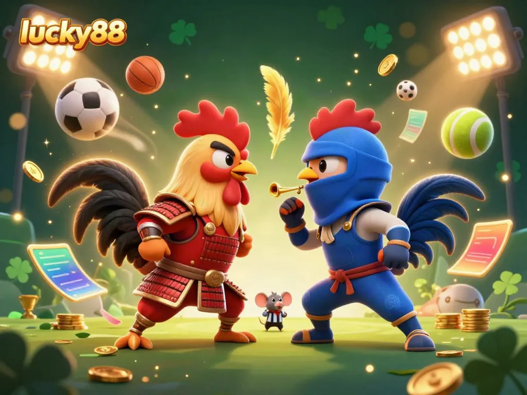 Engage in the exciting world of lucky88, featuring a dramatic standoff between two fighting roosters dressed in samurai and ninja outfits amidst dynamic sports elements.