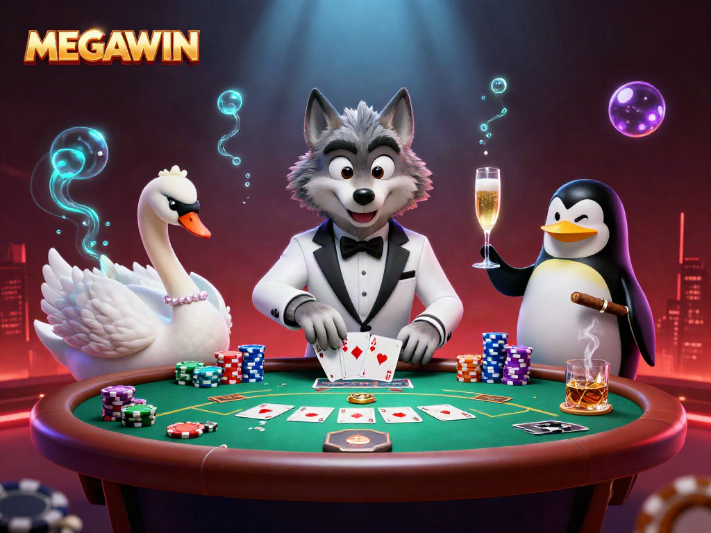 Experience MEGAWIN at this vibrant casino scene with a debonair wolf, swan dealer, and penguin sommelier.
