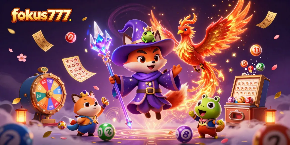 Engage with fokus777 online gaming excitement through this detailed 3D illustration featuring wizards, phoenix, and lottery elements.