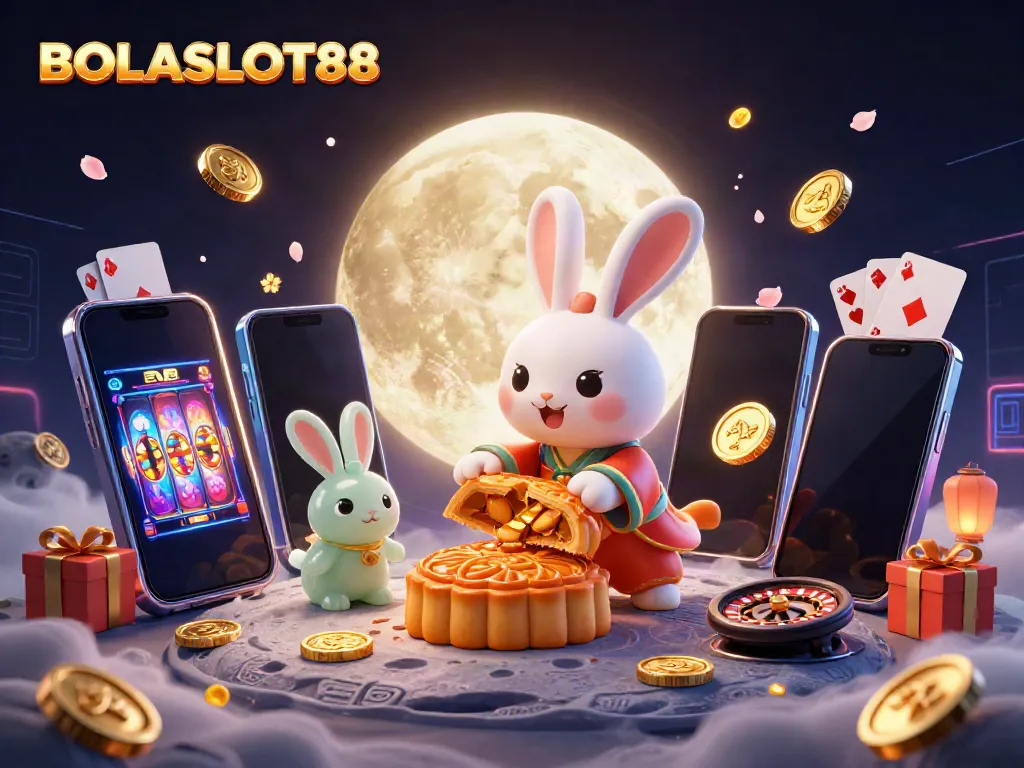 BOLASLOT88 showcases a vibrant casino scene with a moon rabbit, slot games, and dynamic poker elements.