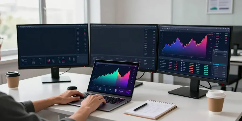 ภาพการซื้อขาย cryptocurrency ในสำนักงานทันสมัย แสดงผลหุ้นและตลาด cryptocurrency หวยหุ้นวันนี้