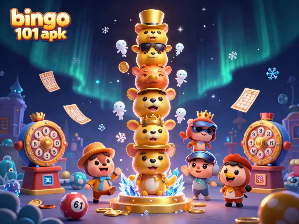 Engage with bingo 101 apk on a vibrant digital landscape featuring dynamic bingo elements and spirited characters.