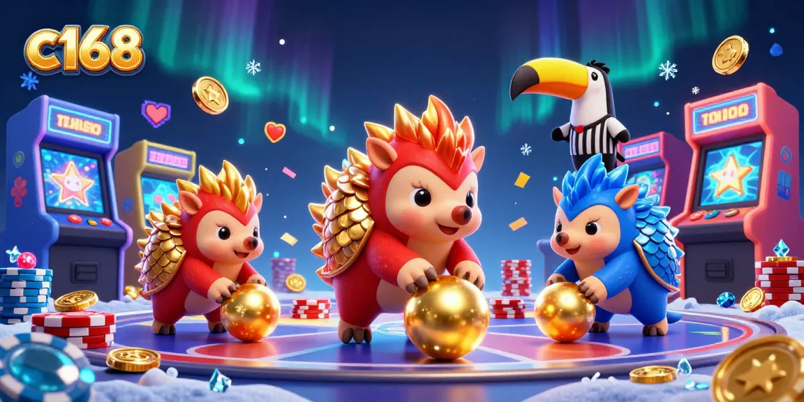 Experience thrilling action in c168 as rival pangolins bowl through poker chips, celebrating with colorful casino elements.