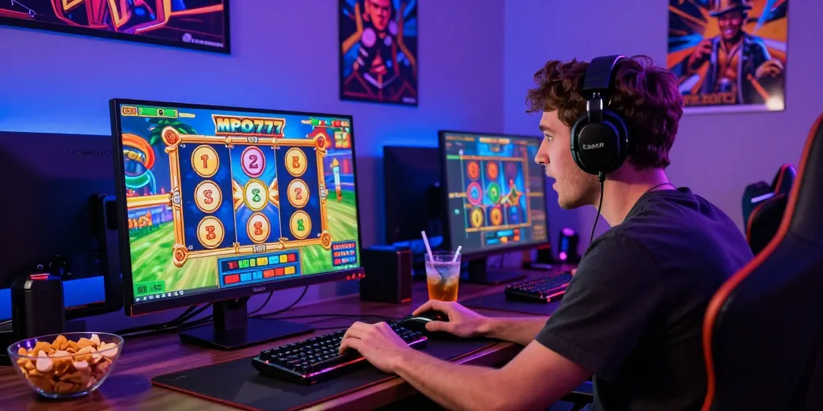 Player enjoying mpo777 slot games in a vibrant gaming space.