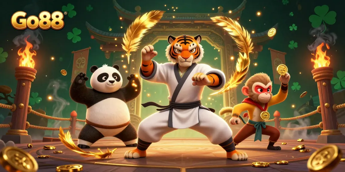 Experience the thrill of Go88 with a dynamic 3D casino scene featuring martial arts characters and vibrant betting elements.