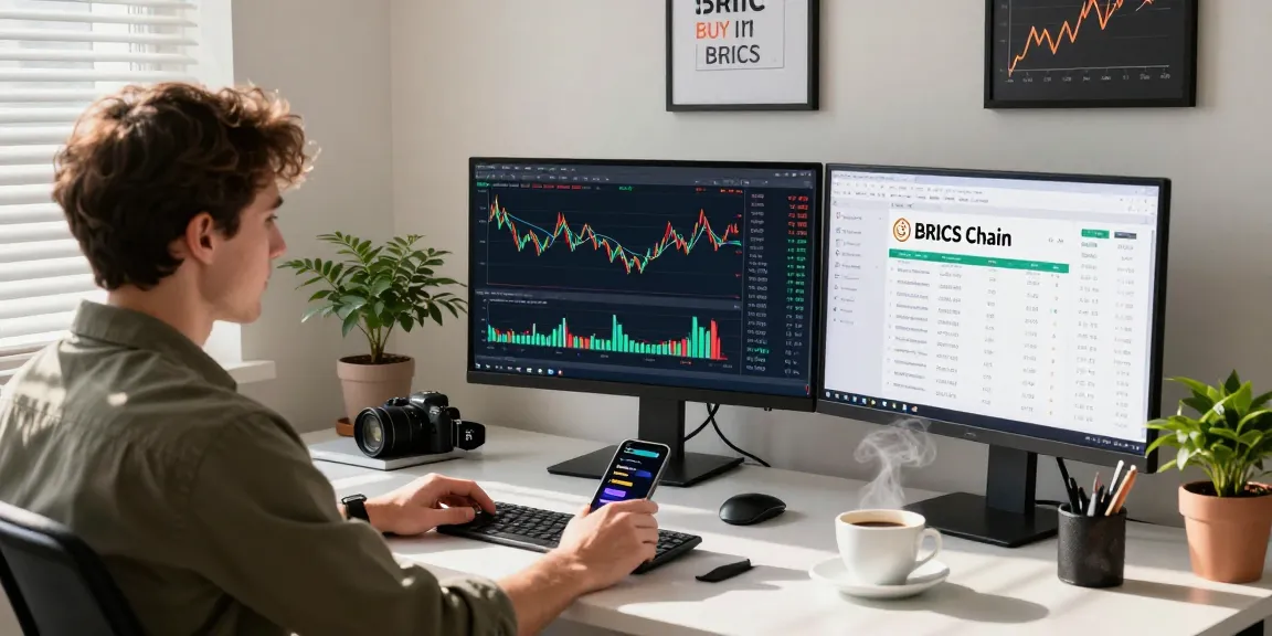 Investor tracking the market to buy in BRICS crypto while engaging with financial data in a modern workspace.