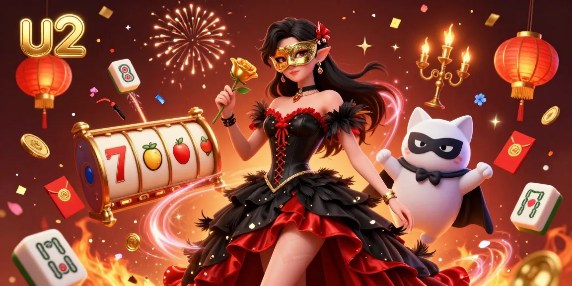 Engage in thrilling gameplay at U2 Casino with vibrant slot reels, illuminated by golden visuals and energetic fireworks.