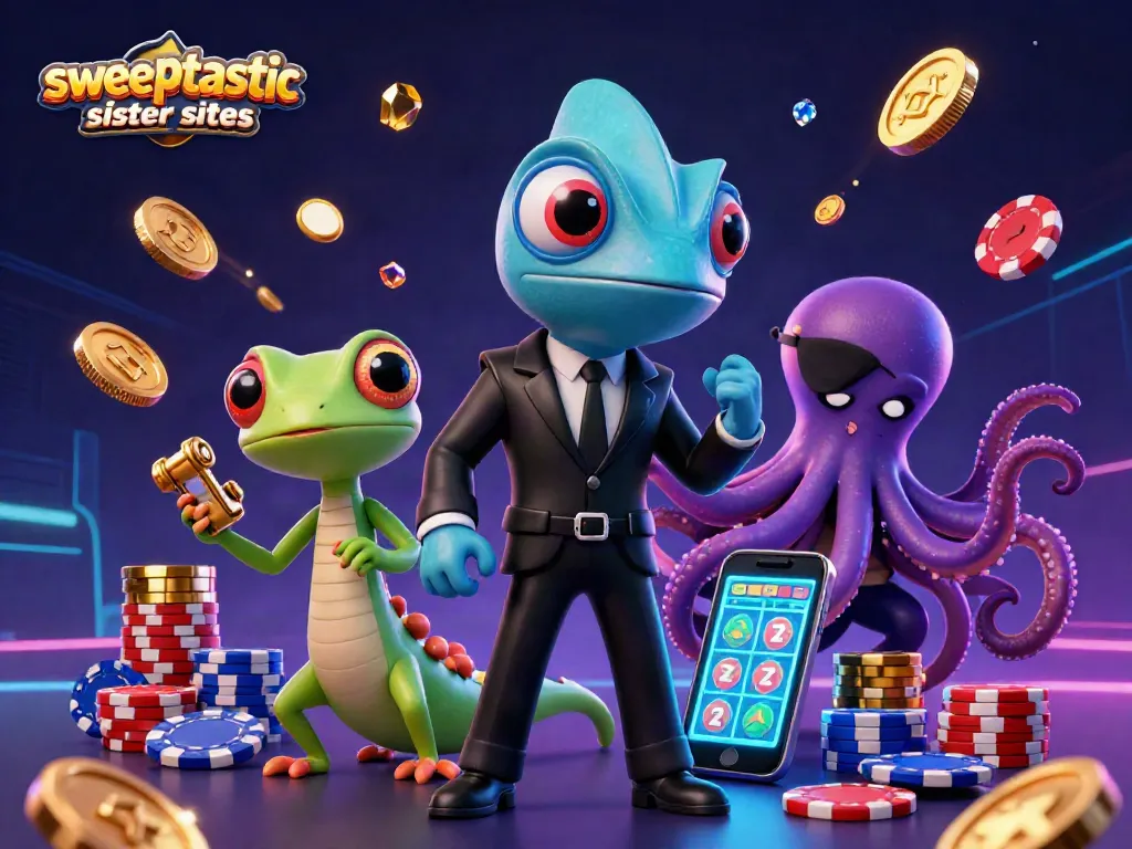 Sweeptastic sister sites lit up by vibrant glowing coins and slots, engaging players in thrilling gameplay.