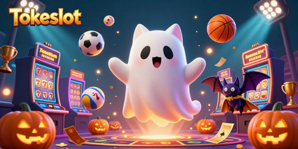 Tokeslot brings excitement alive as a friendly ghost cat interacts with slot machines and vibrant games in a lively casino.