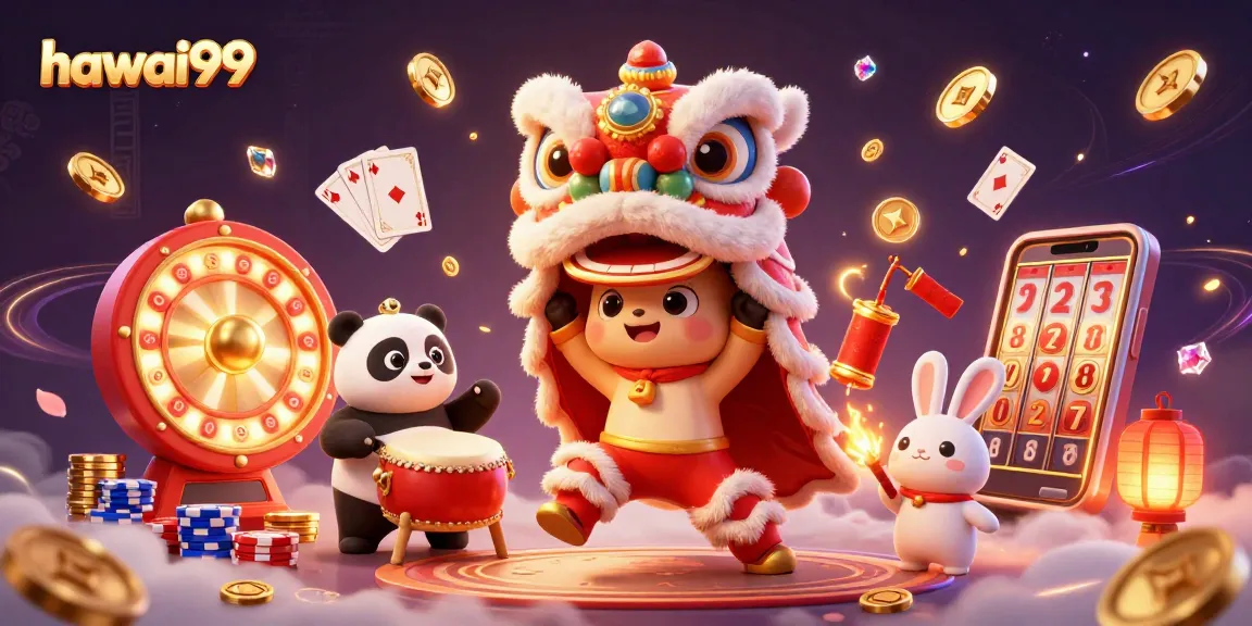 Win big with hawai99 as the lion dancers bring luck among vibrant casino elements.