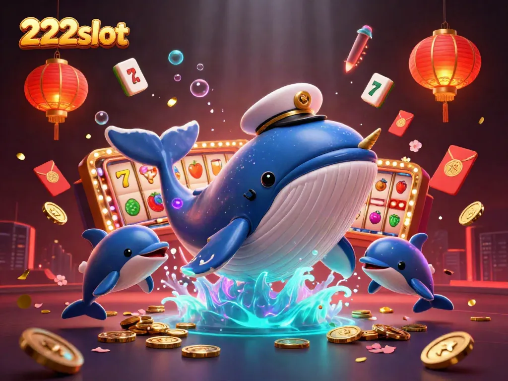 Permainan slot yang menyenangkan dengan 222slot, menampilkan ikan paus kartun dan dolphin berinteraksi dengan uang koin.