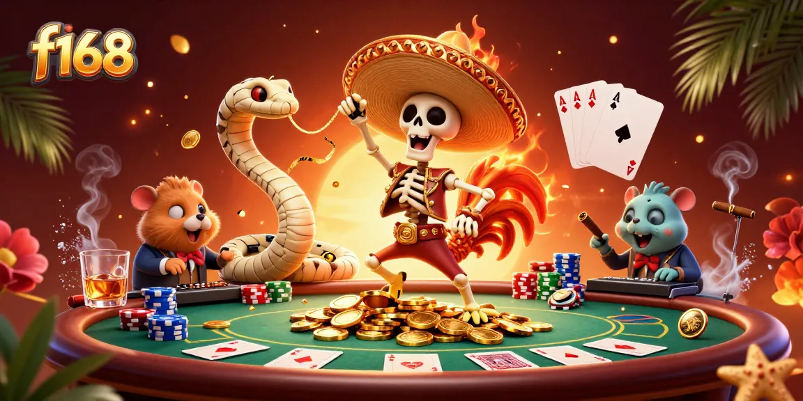 Experience thrilling entertainment at f168 with a vibrant 3D casino illustration showcasing poker excitement.