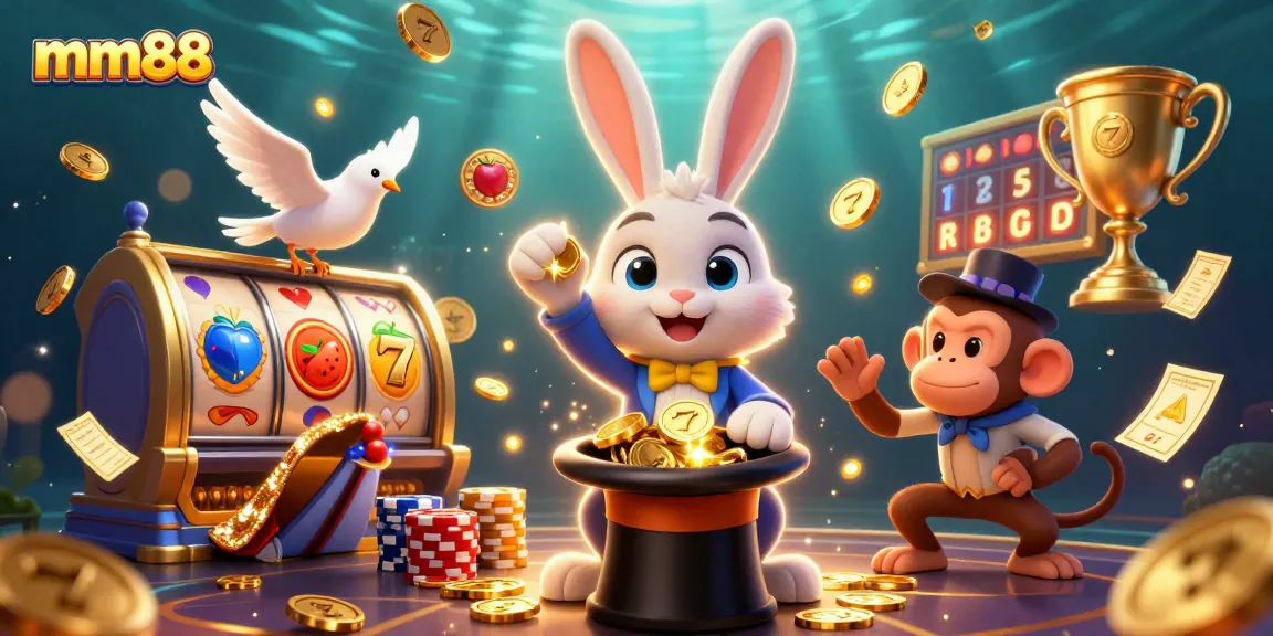 Experience excitement with mm88 as a magical rabbit pulls golden coins in a vibrant casino scene.