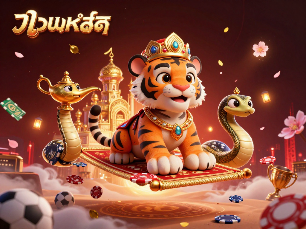 Experience แทงบอลสด with dynamic visuals featuring a tiger sultan on a magic carpet, surrounded by vibrant sports betting elements.