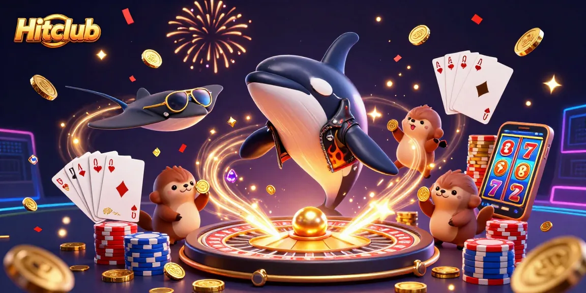 Hitclub showcases a vibrant casino scene with cartoon characters celebrating amidst cascading coins and poker elements.