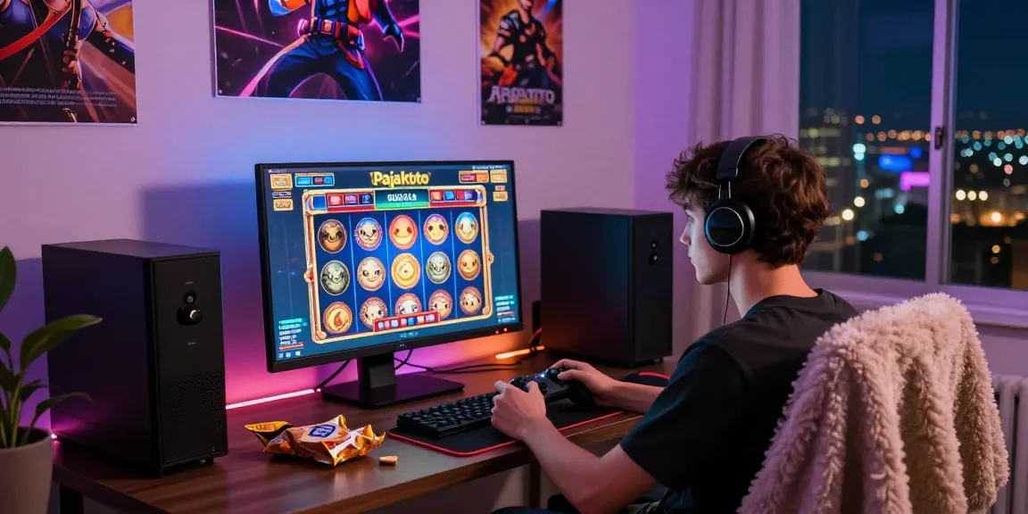 Online gamer enjoying pajaktoto slot games in a cozy gaming setup with snacks and vibrant lights.