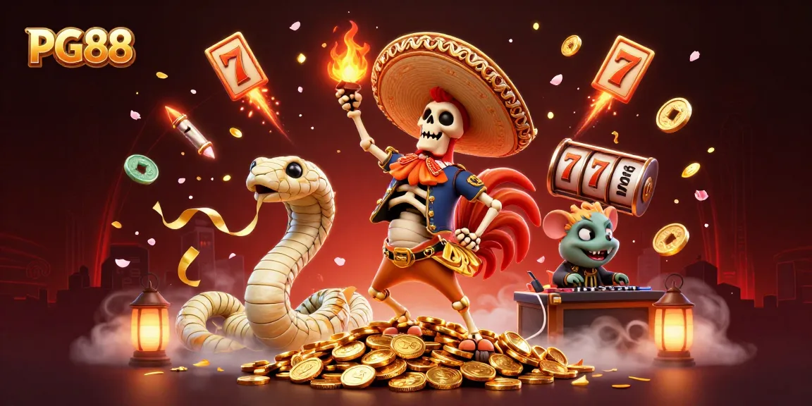 Experience PG88's vibrant casino atmosphere with a lively mariachi rooster, mummy snake, and zombie DJ celebrating wins.