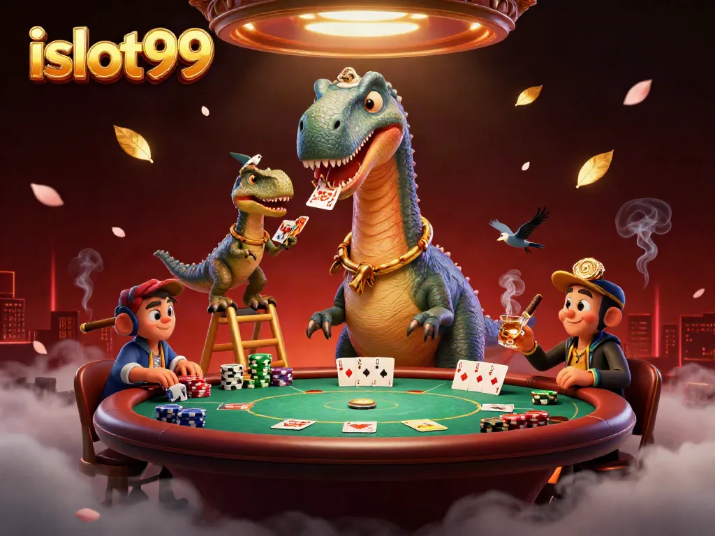 Experience the magic of islot99 with a giant brontosaurus and clever raptor in a vibrant casino scene.