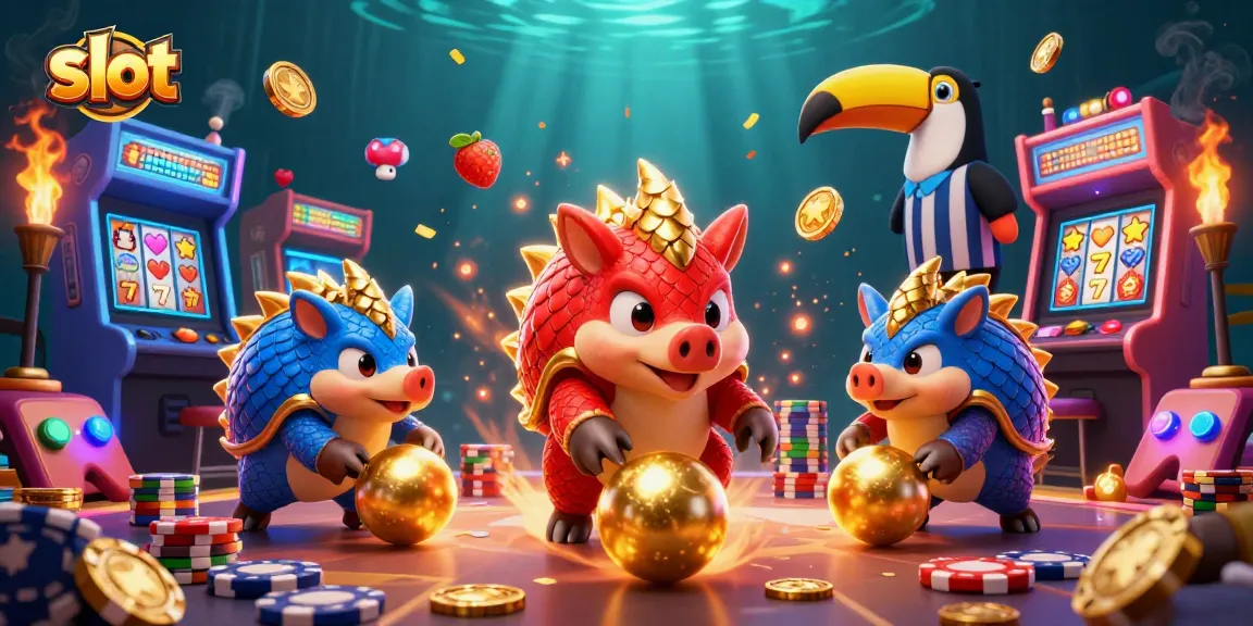 Slot yang mengasyikkan dengan dua pangolin bersaing di antara tumpukan chip poker dan simbol slot.