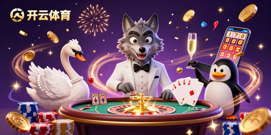 Engage with 开云体育 through a lively casino scene featuring a wolf, swan, and penguin amidst gaming elements.