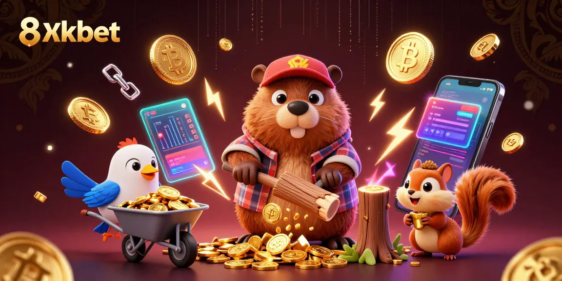 Experience 8xbet's vibrant gaming world with animated characters and glimmering gold!