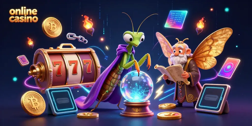 Engage with the interactive online casino featuring vibrant slot elements, a fortune teller, and blockchain assets.