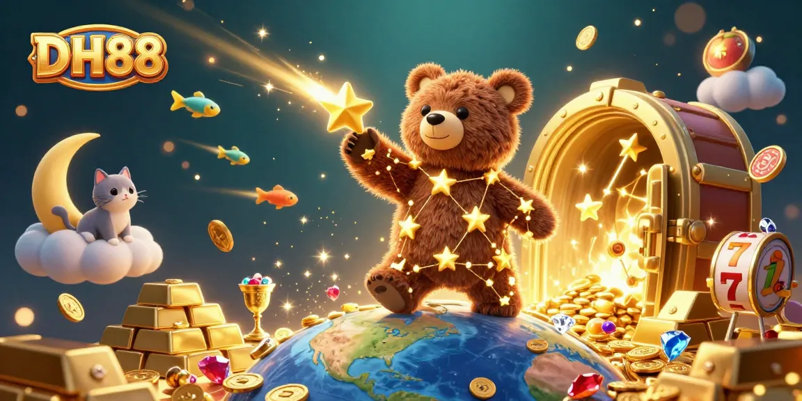 Play DH88 with immersive 3D casino illustration showcasing treasure-filled adventures and vibrant game elements.