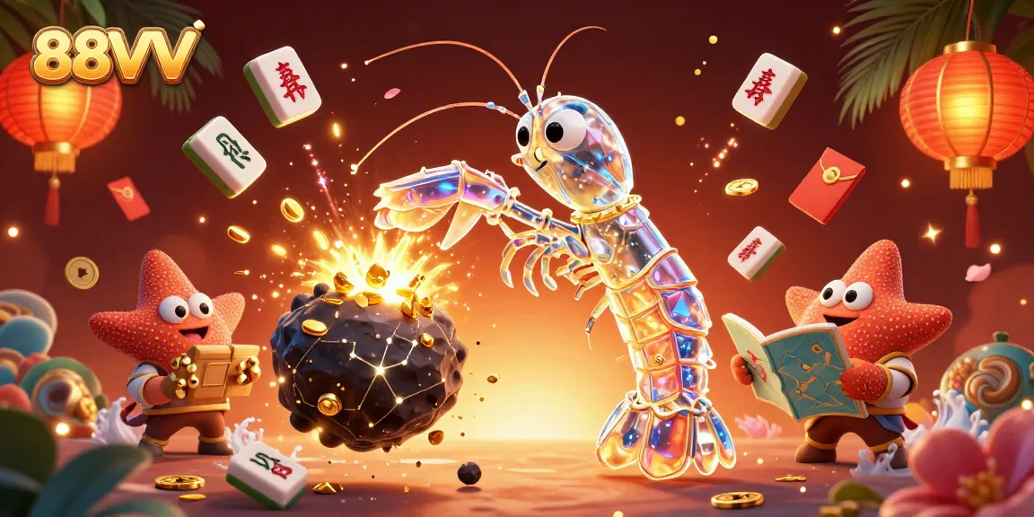 Immerse in 88VV's casino adventure with a galactic mantis shrimp striking gems and coins.