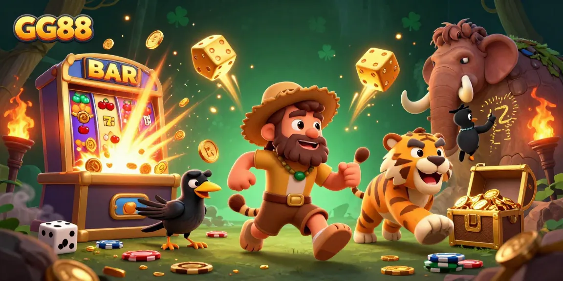 Experience the thrilling GG88 gaming adventure in a vibrant prehistoric casino scene.